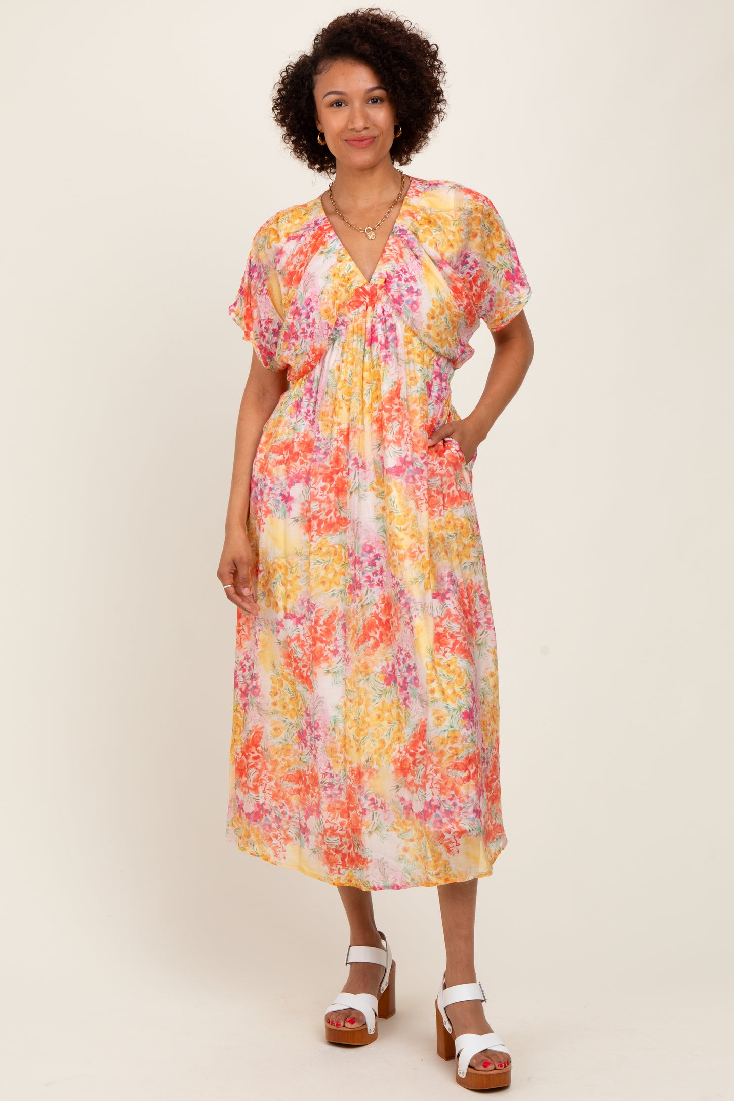 Yellow Mix Textured Floral Gathered V Neck Maternity Dress