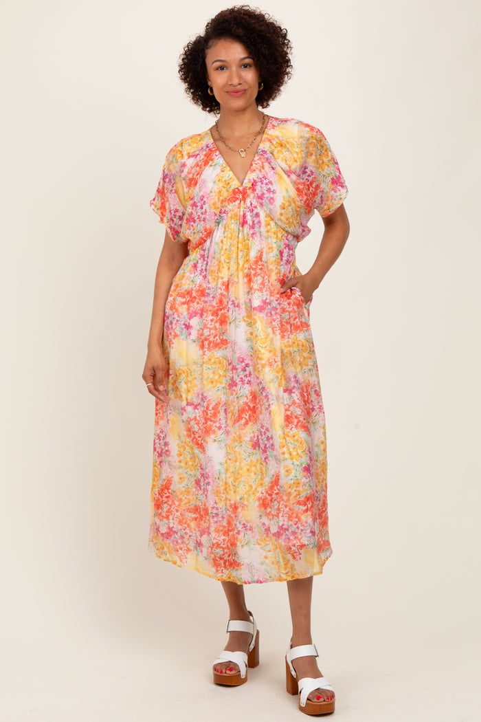 Yellow Mix Textured Floral Gathered V Neck Maternity Dress