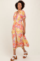Yellow Mix Textured Floral Gathered V Neck Dress