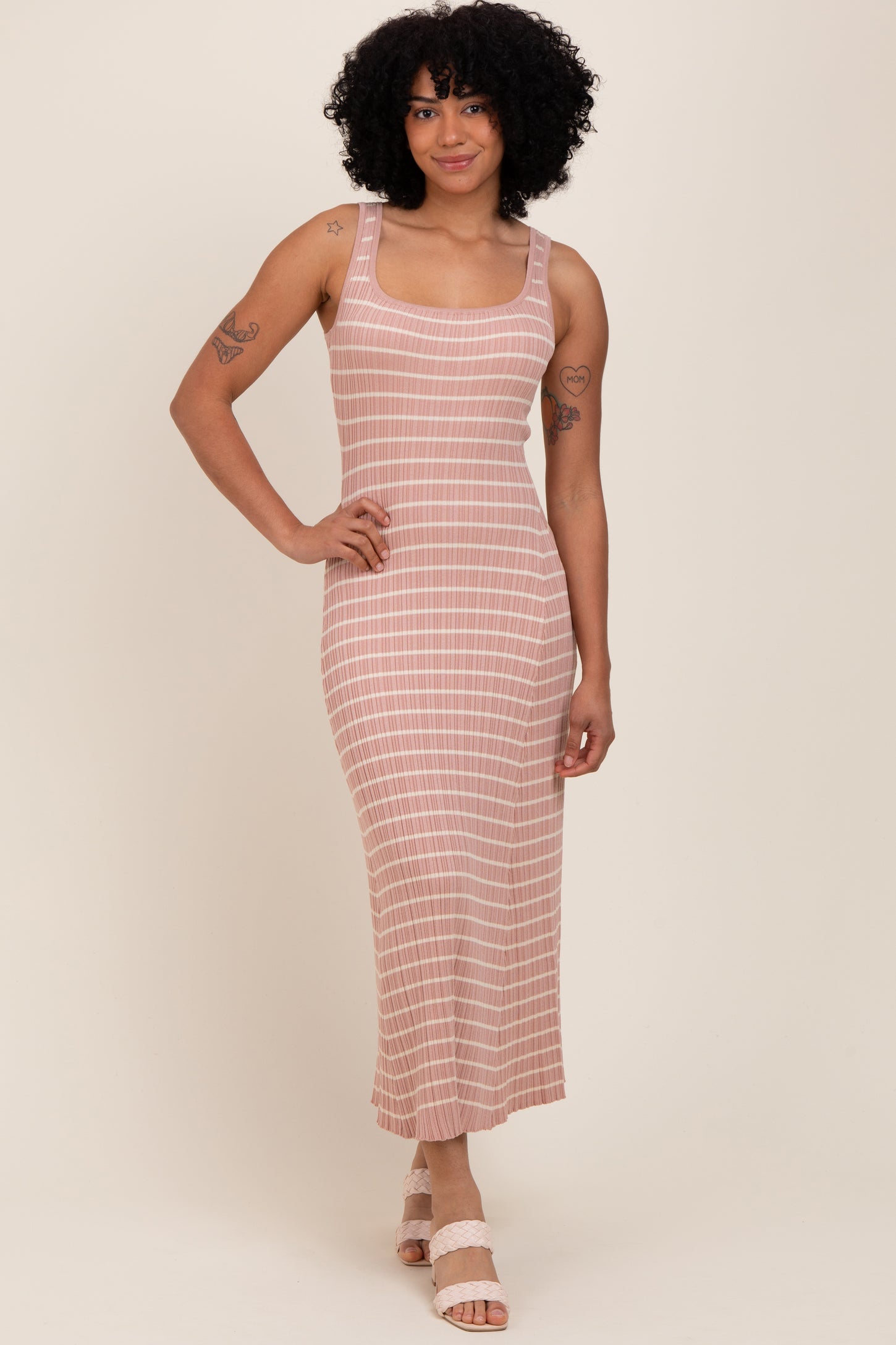 Blush/Cream Lightweight Rib Fit And Flare Midi Dress
