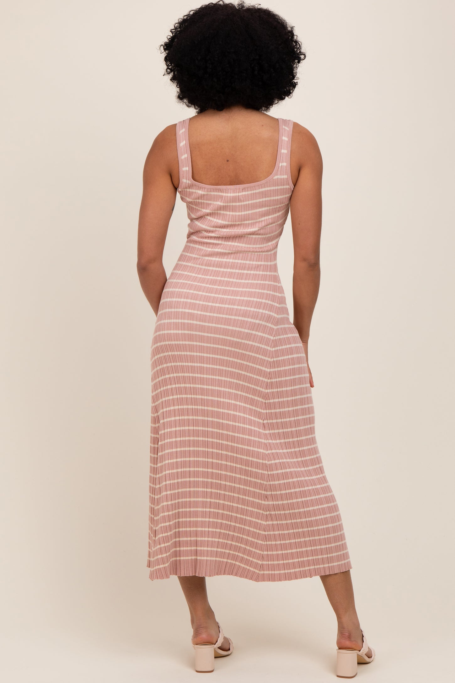 Blush/Cream Lightweight Rib Fit And Flare Midi Dress