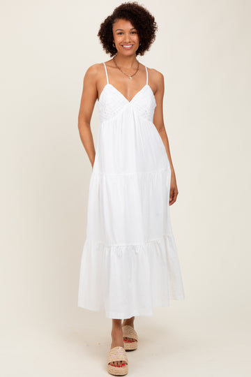 White Crochet Flare Smocked Maxi Dress