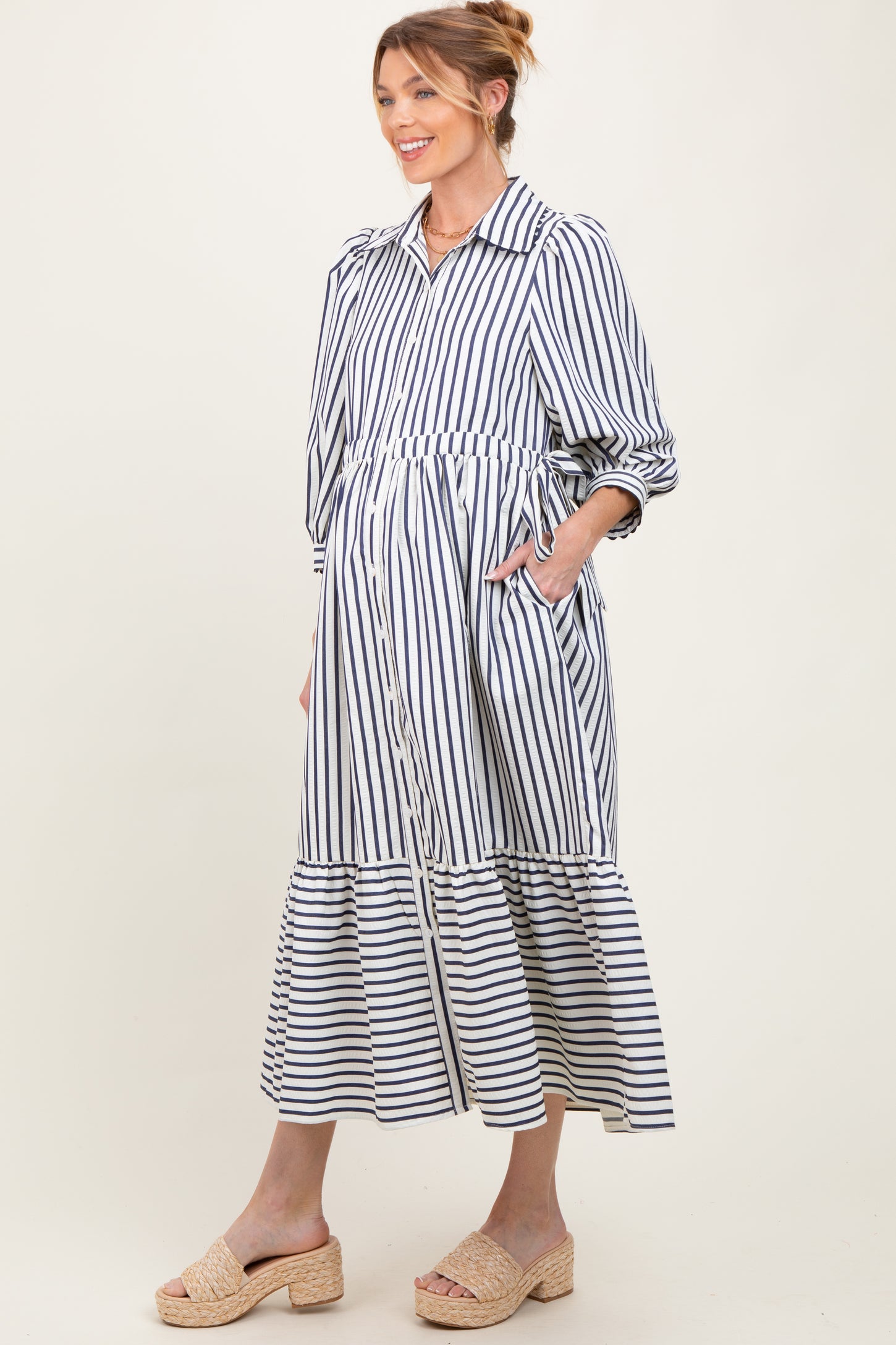 Navy Striped Collar Maternity Maxi Dress