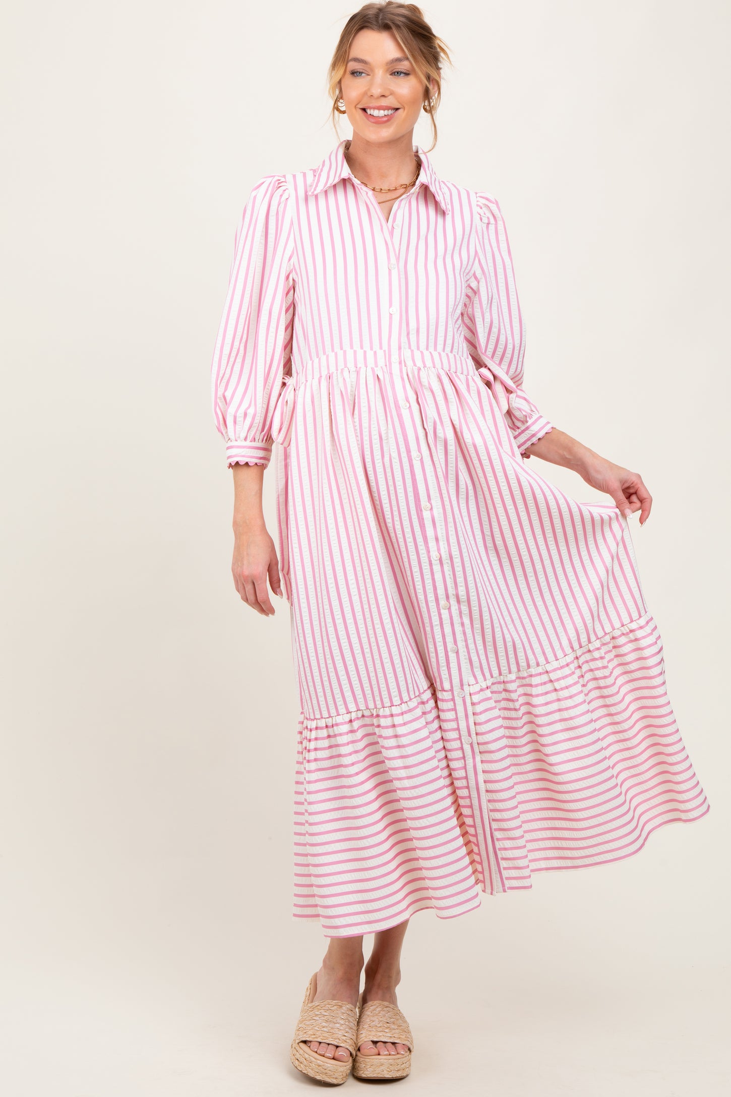 Pink Striped Collar Maternity Maxi Dress