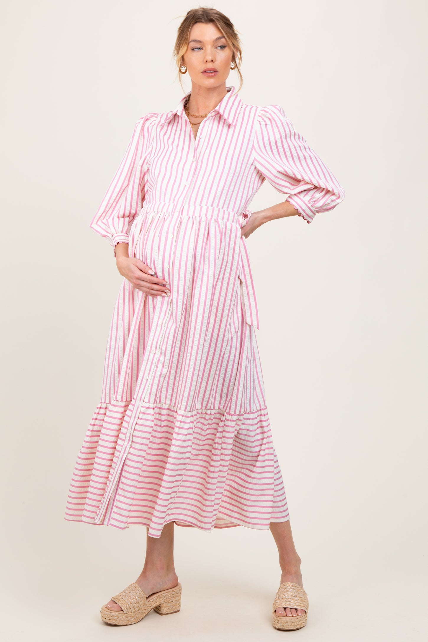 Pink Striped Collar Maternity Maxi Dress