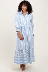 Blue Striped Collar Maternity Maxi Dress