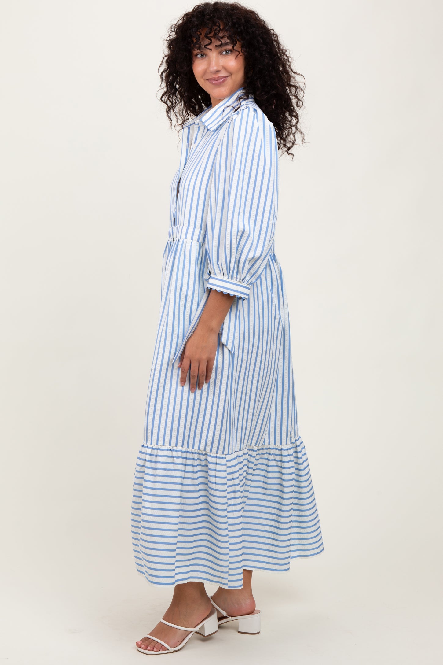 Blue Striped Collar Maxi Dress
