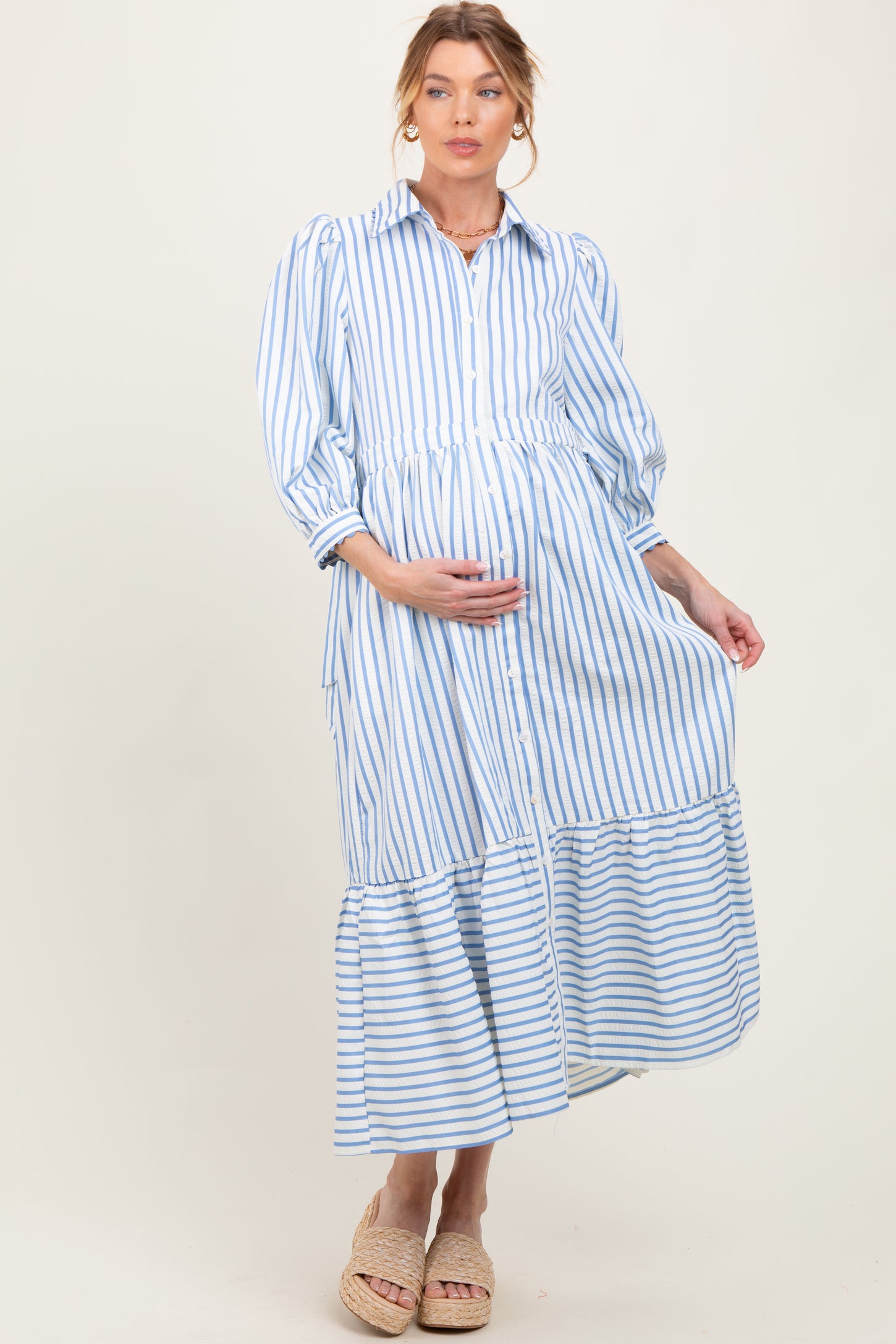 Blue Striped Collar Maternity Maxi Dress