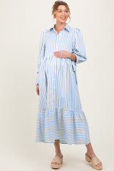 Blue Striped Collar Maternity Maxi Dress