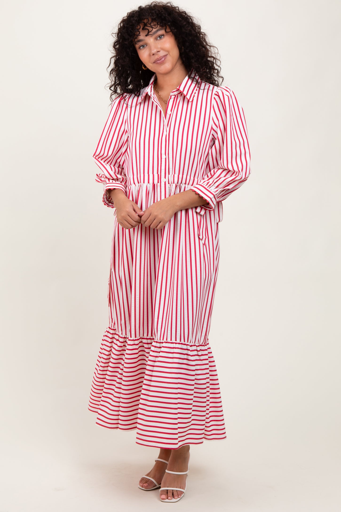 Red Striped Collar Maternity Maxi Dress