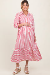 Red Striped Collar Maternity Maxi Dress
