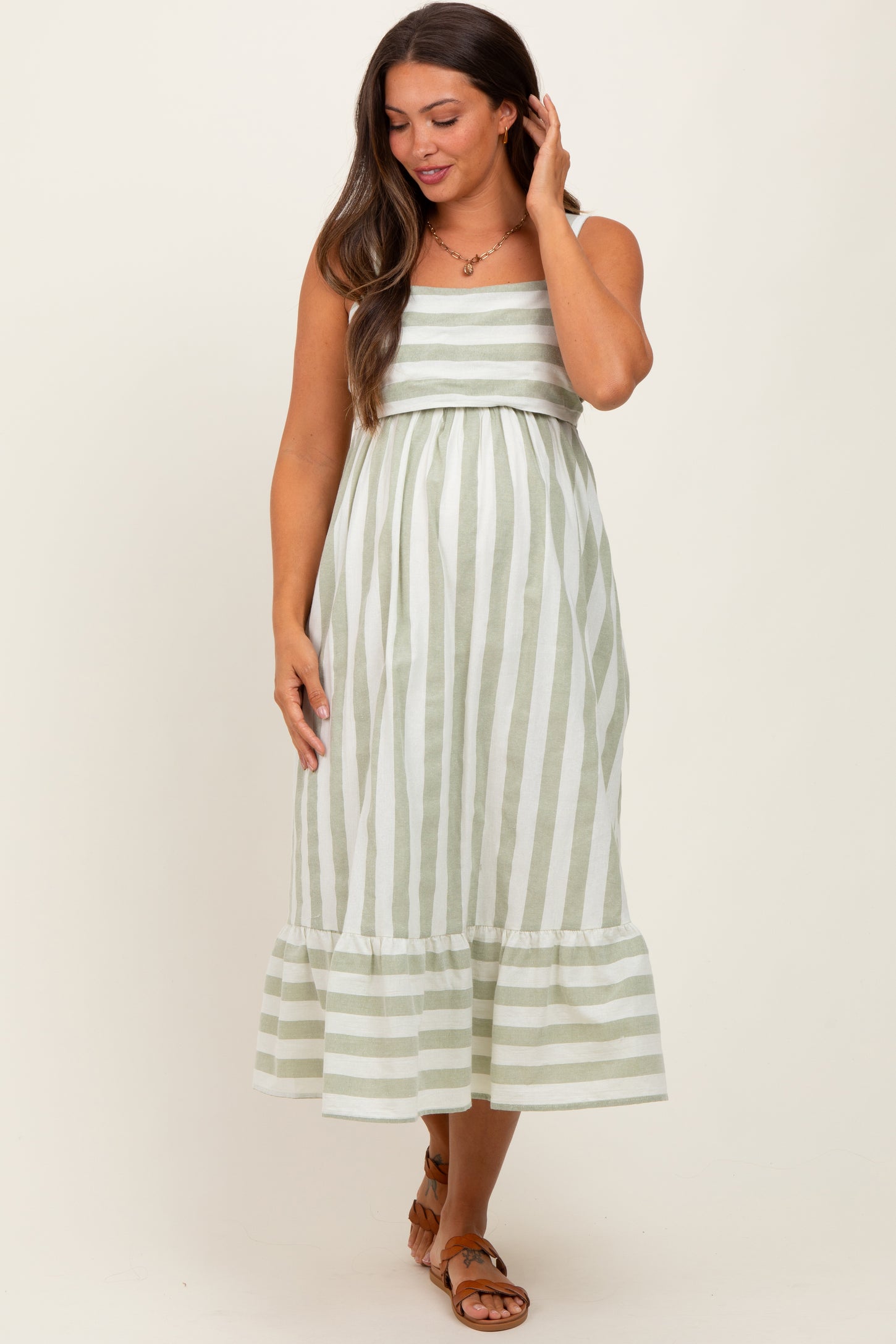 ribbon stripe midi dress Sand/Mocha Striped V Neck Bow Midi Dress