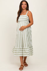 Sage Stripe Back Ribbon Tie Maternity Midi Dress
