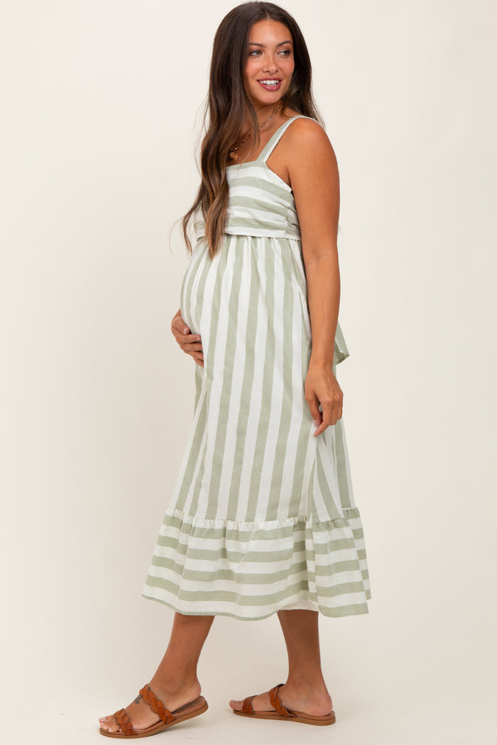 Sage Stripe Back Ribbon Tie Maternity Midi Dress
