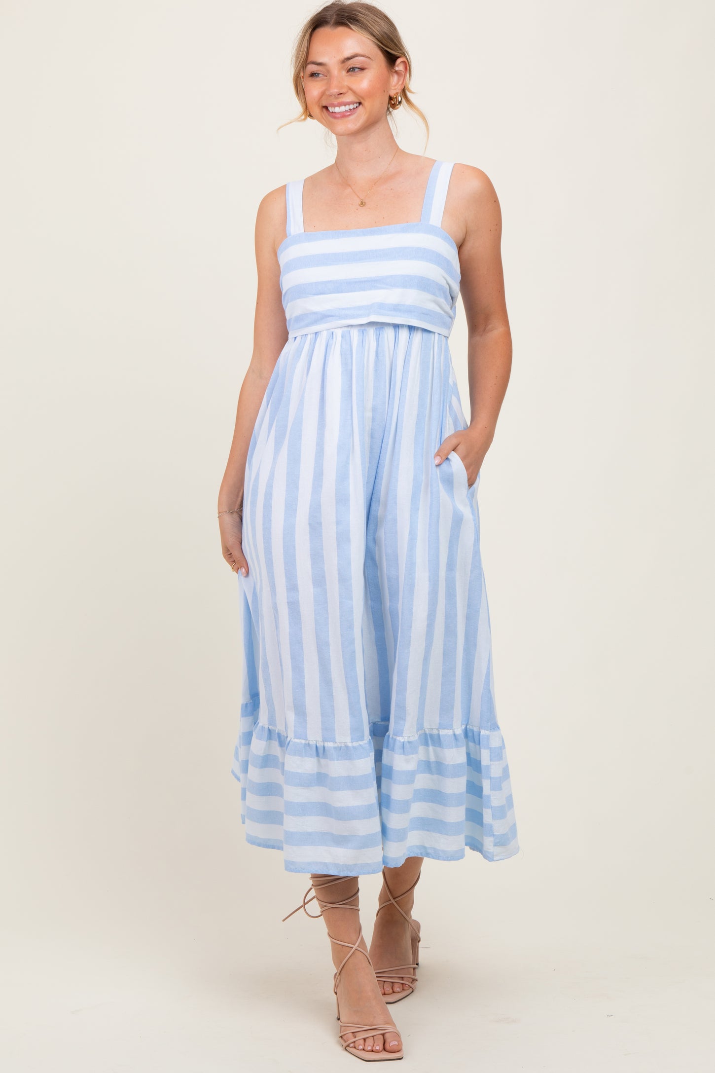 Light Blue Stripe Back Ribbon Tie Maternity Midi Dress