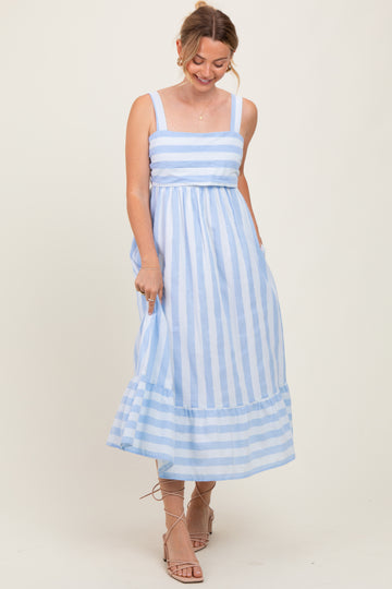 Light Blue Stripe Back Ribbon Tie Midi Dress