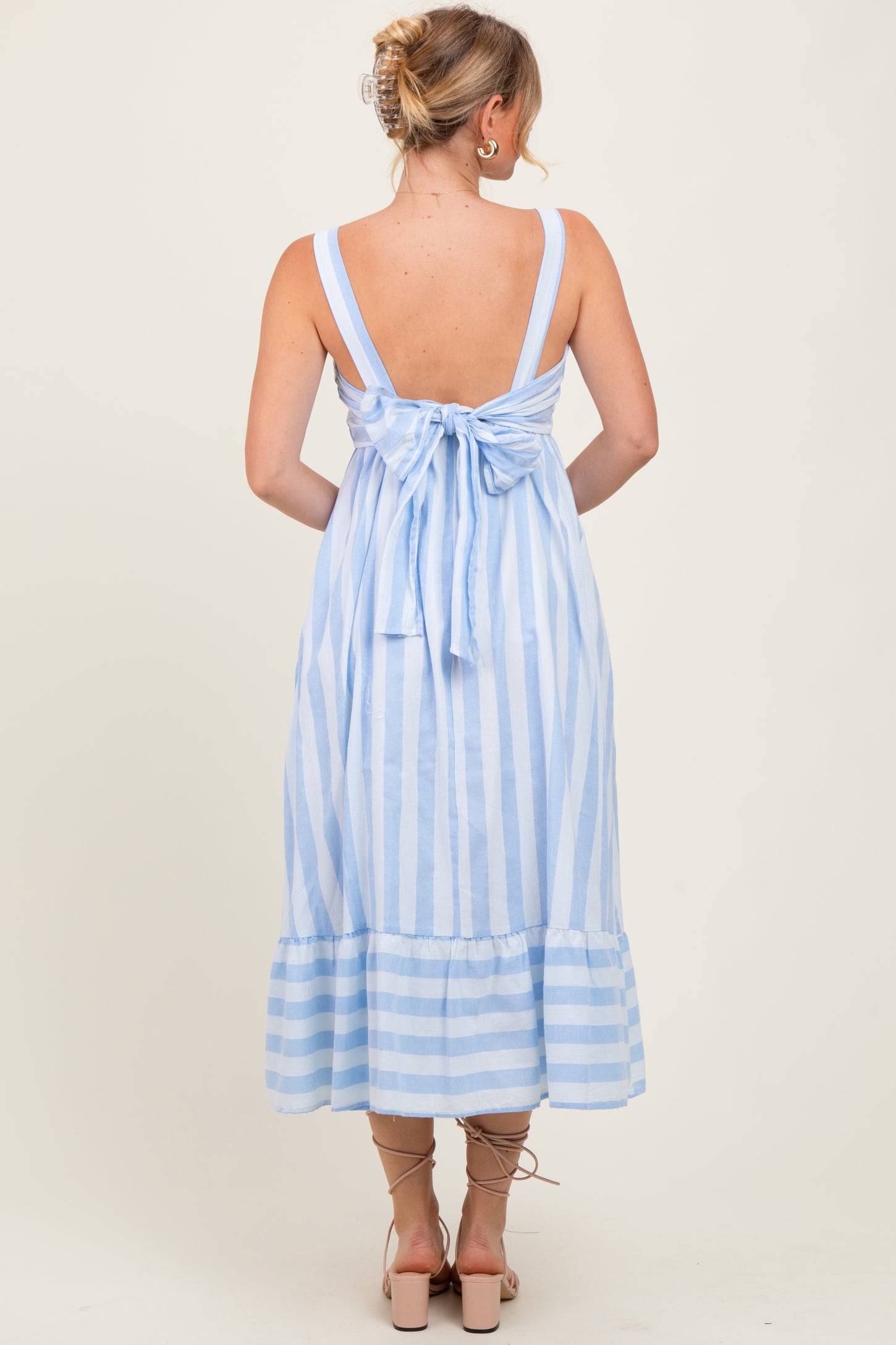 Light Blue Stripe Back Ribbon Tie Midi Dress