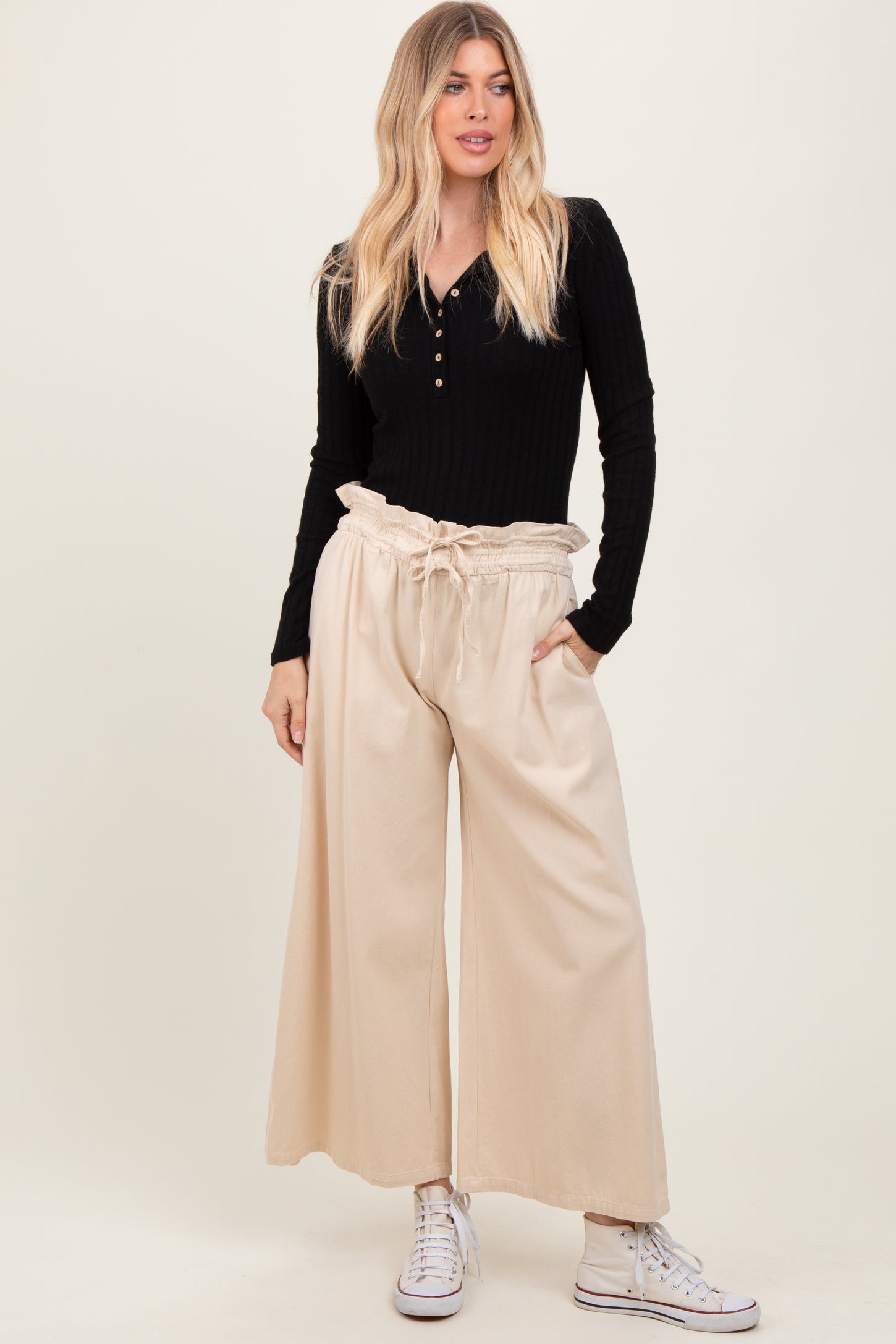 Cream Flowy Cropped Maternity Pant