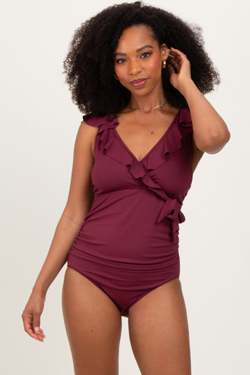 Burgundy Rib Ruffle V Neck Side Tie Knot Swimsuit