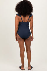 Navy Rib Ruffle V Neck Side Tie Knot Swimsuit
