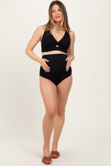 Black Ribbed Twist Cutout Front Maternity Swim Set
