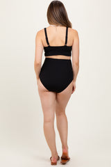 Black Ribbed Twist Cutout Front Maternity Swim Set