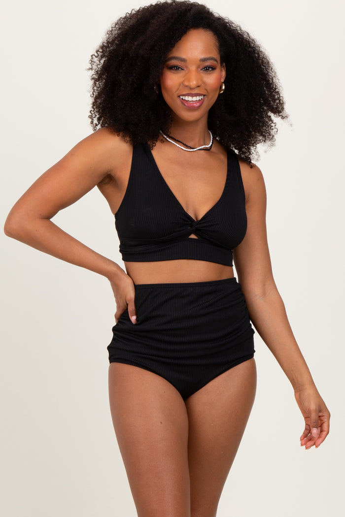 Black Ribbed Twist Cutout Front Maternity Swim Set