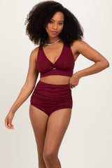 Burgundy Ribbed Twist Cutout Front Swim Set