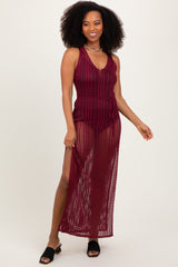Burgundy Crochet V-Neck Side Slit Cover Up