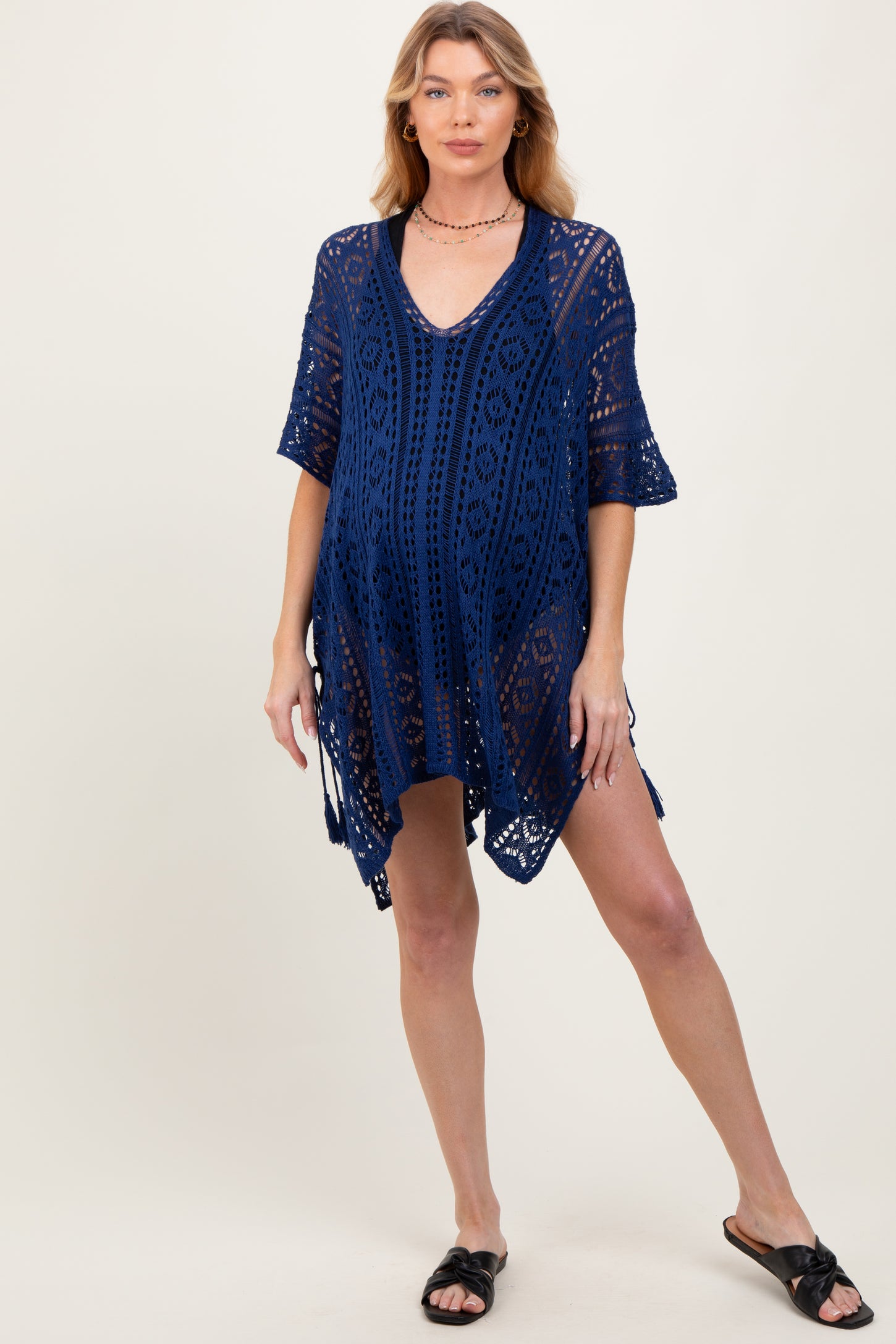 Navy Crochet Knit Maternity Swim Cover Up