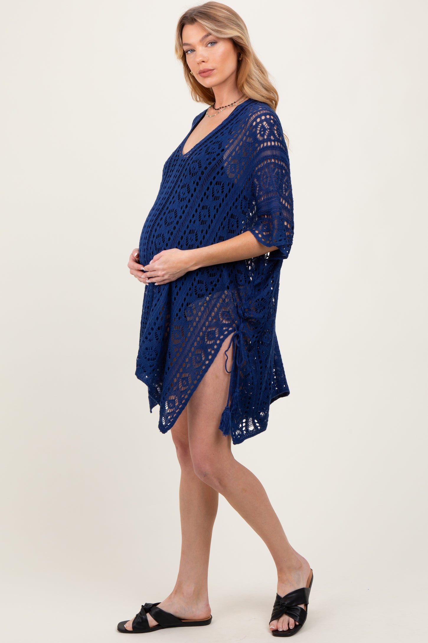 Navy Crochet Knit Maternity Swim Cover Up