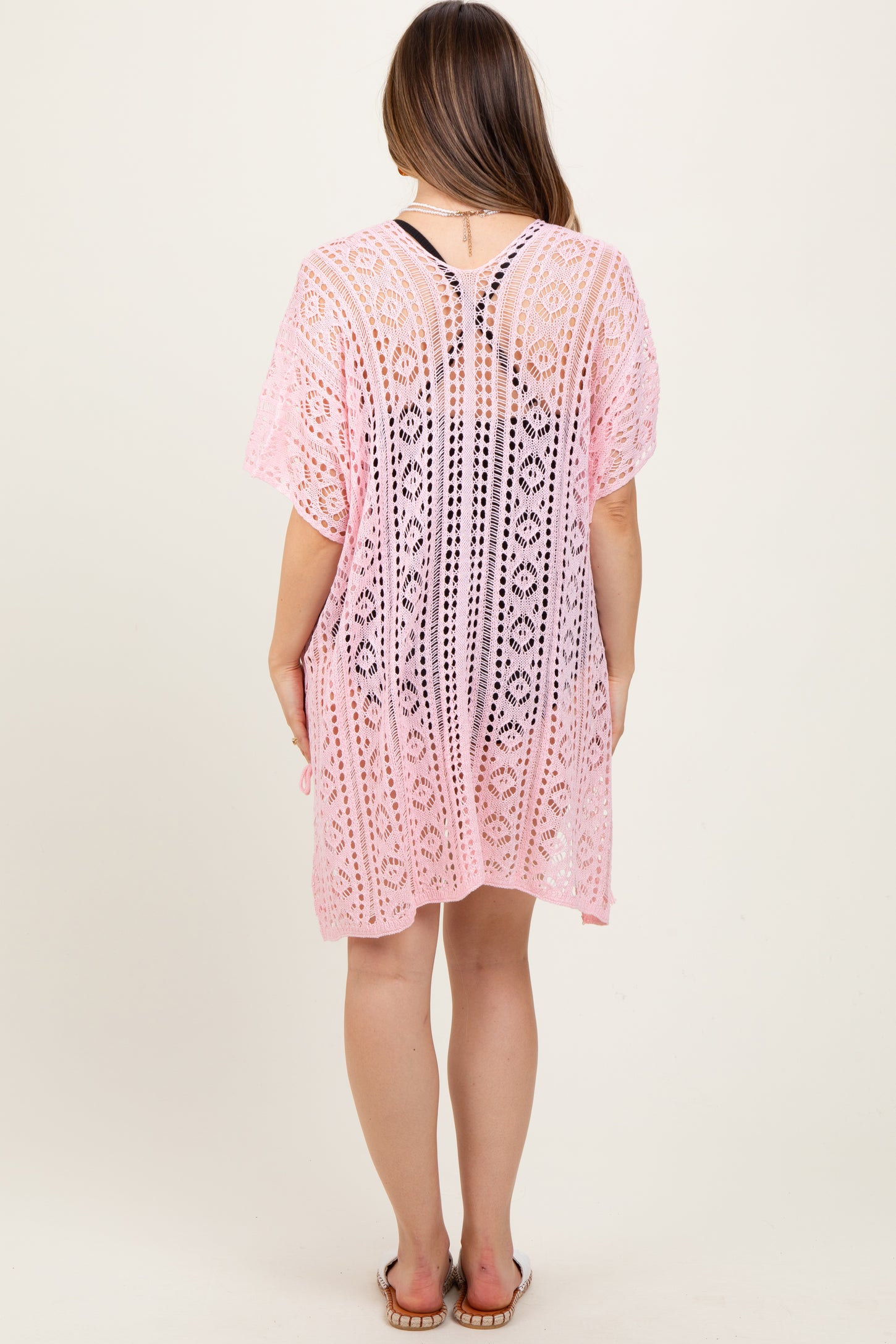 Pink Crochet Knit Maternity Swim Cover Up