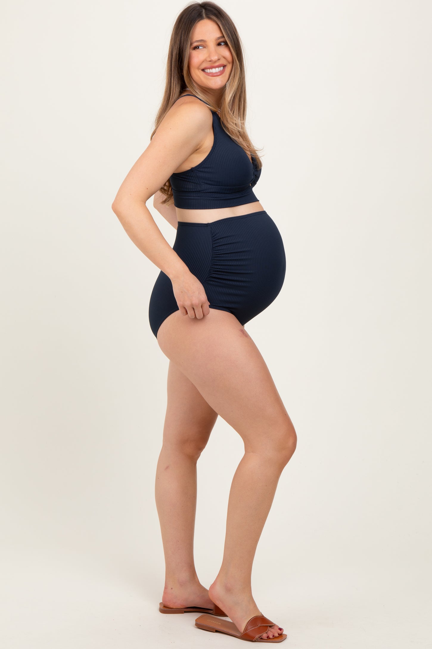 Navy Ribbed Twist Cutout Front Maternity Swim Set
