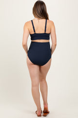 Navy Ribbed Twist Cutout Front Maternity Swim Set