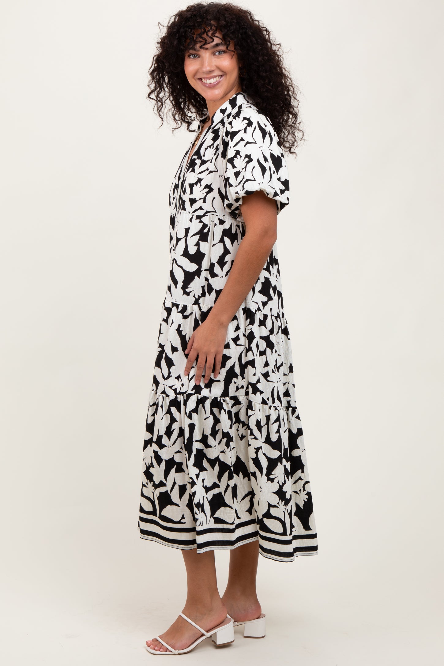 Black Botanical Print A Line Tiered Dress