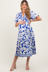 Blue Botanical Print A Line Tiered Maternity Dress