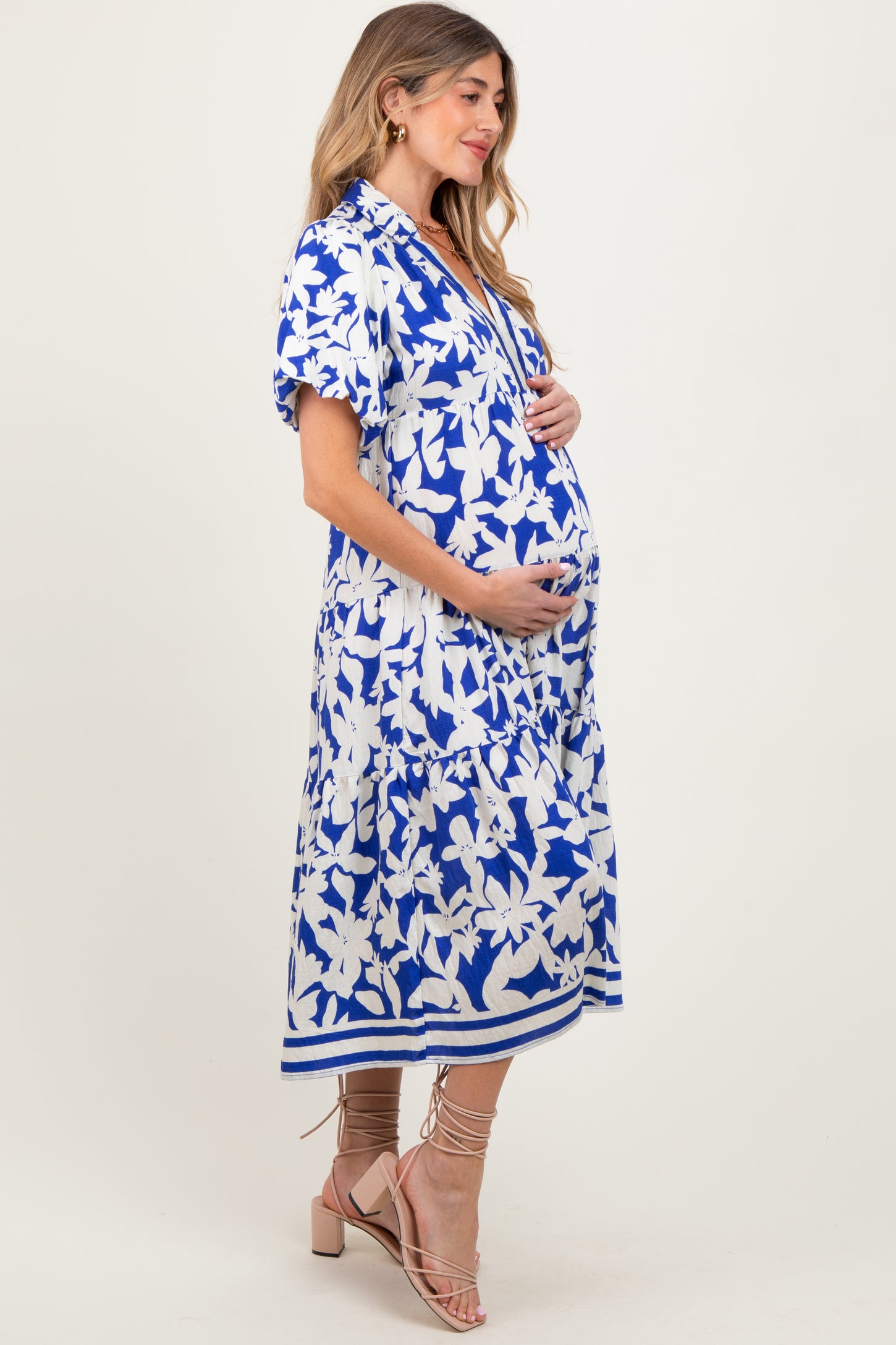 Blue Botanical Print A Line Tiered Maternity Dress PinkBlush Blue Botanical Print A Line Tiered Maternity Dress PinkBlush