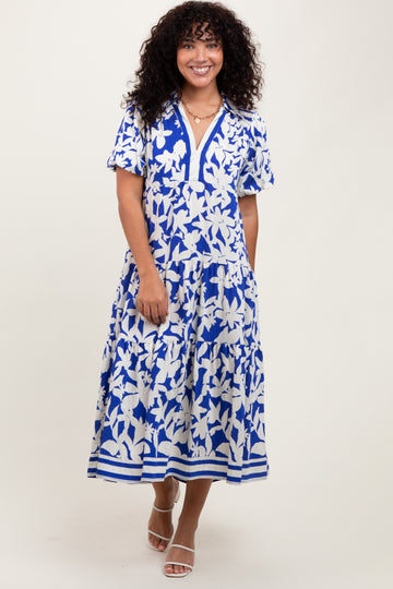 Blue Botanical Print A Line Tiered Dress