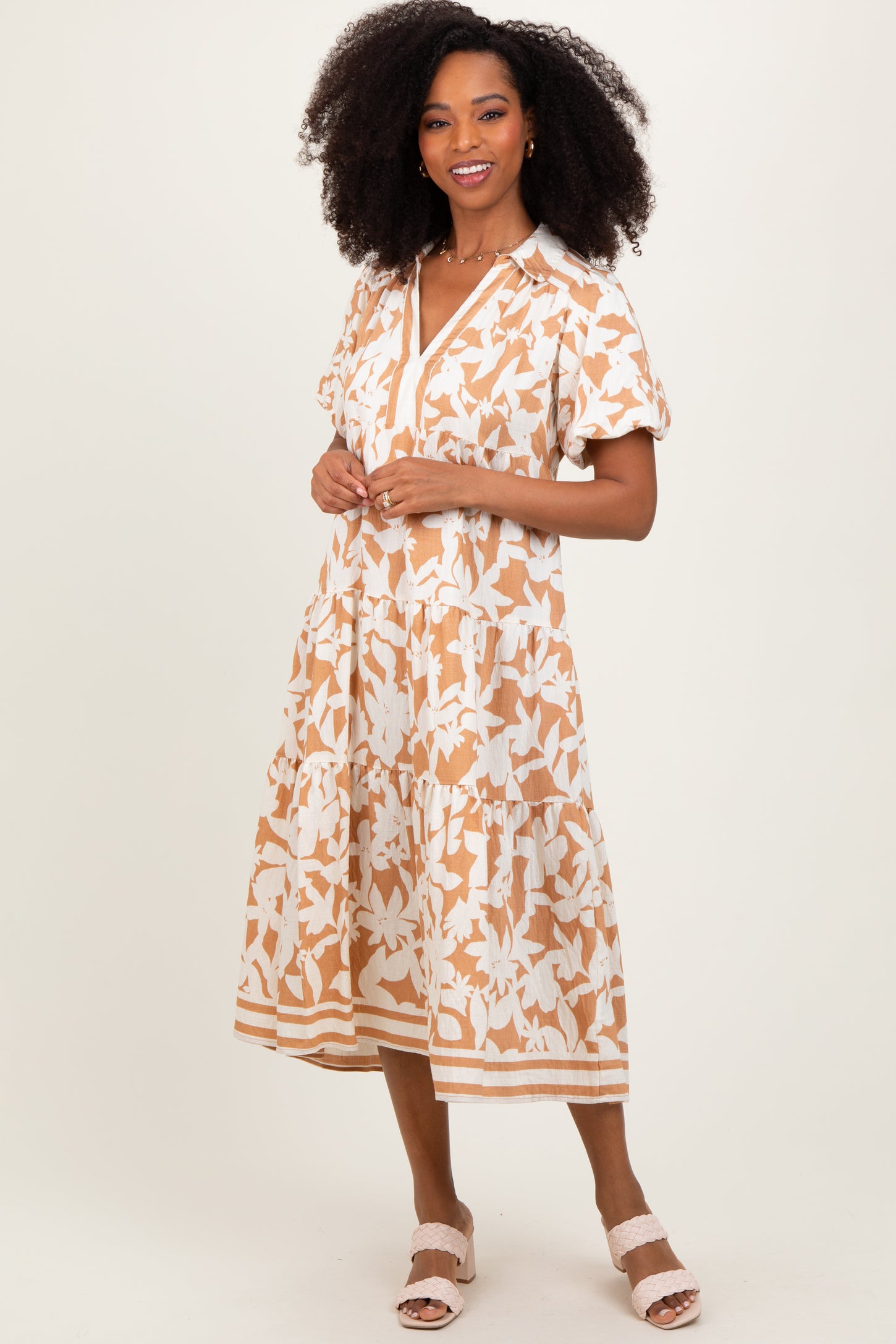 Mocha Botanical Print A Line Tiered Maternity Dress