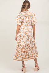 Mocha Botanical Print A Line Tiered Maternity Dress