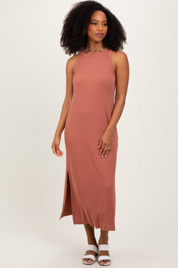 Rust Sleeveless Side Slit Midi Dress