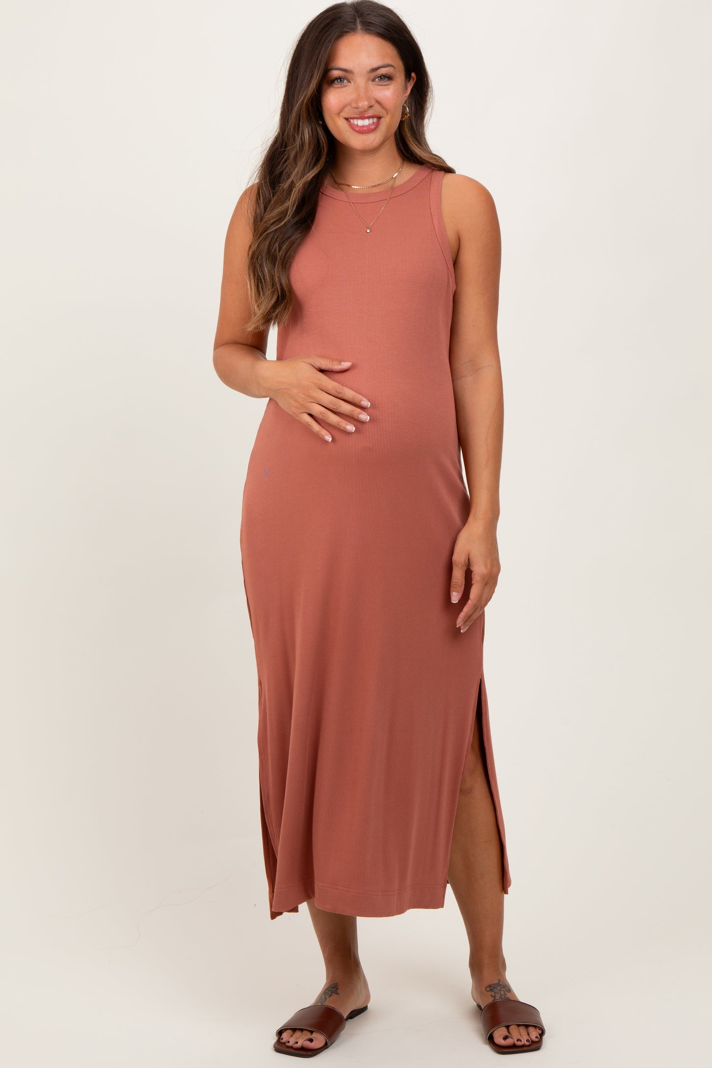 Rust Sleeveless Side Slit Maternity Midi Dress