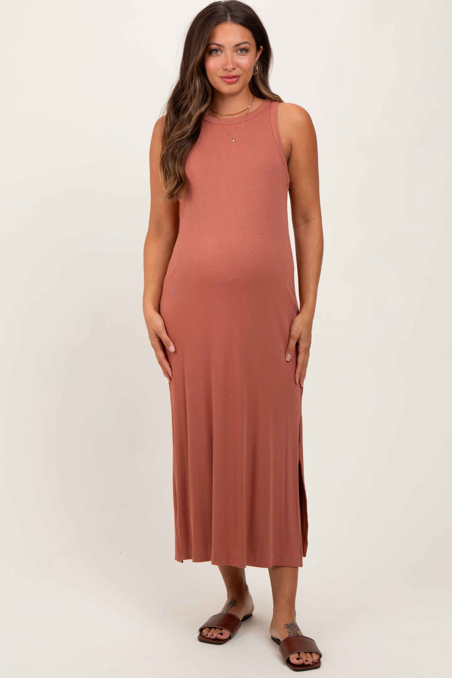 Rust Sleeveless Side Slit Maternity Midi Dress