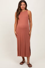 Rust Sleeveless Side Slit Maternity Midi Dress