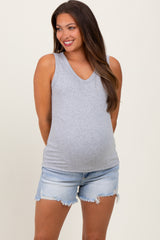 Light Blue High Rise Fringe Maternity Shorts