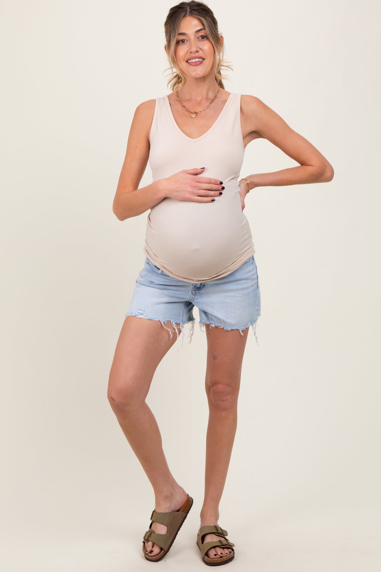 Light Blue High Rise Distressed Hem A Line Maternity Shorts