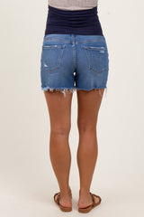 Blue High Rise Distressed Maternity Shorts