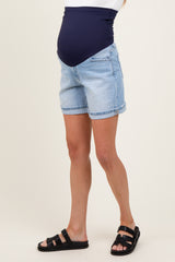 Light Blue High Rise Midi Maternity Denim Shorts