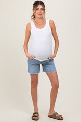 Blue High Rise Distressed Maternity Denim Shorts