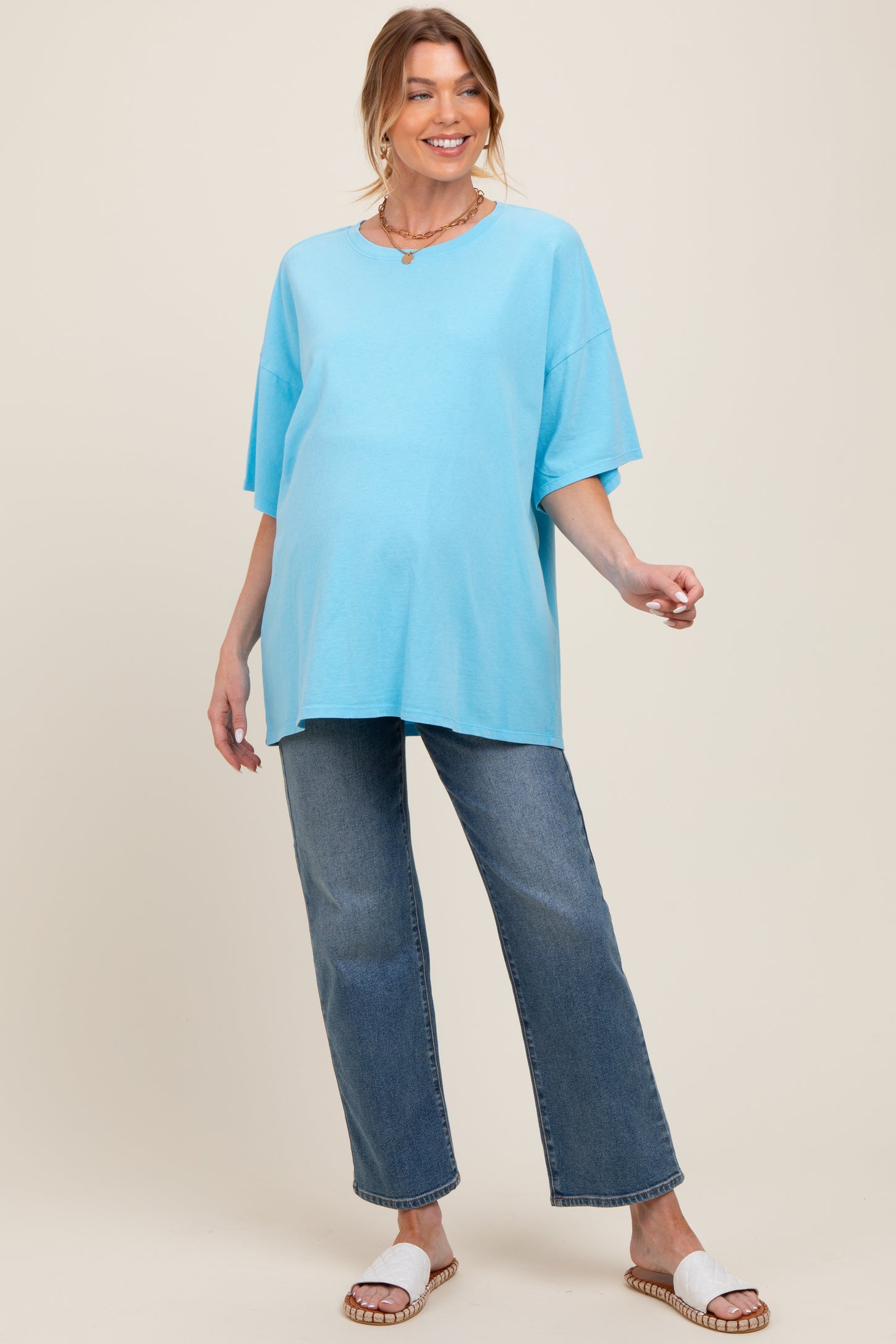 Aqua Blue Mineral Washed Oversized Maternity T-Shirt